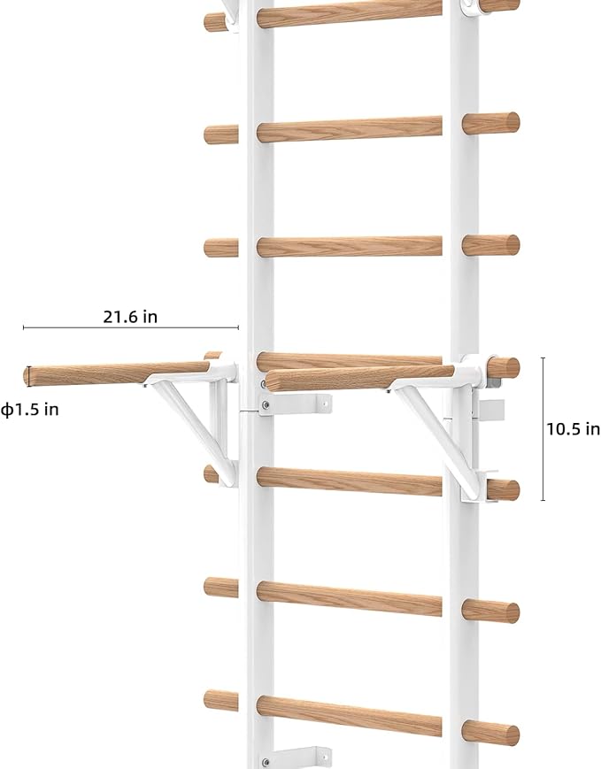 DHT Wood Stall Bar, Swedish Ladder Suspension Trainer with 9 Strategic Rods, for Home, Gym, School and Clinics, White