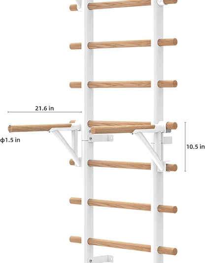 DHT Wood Stall Bar, Swedish Ladder Suspension Trainer with 9 Strategic Rods, for Home, Gym, School and Clinics, White