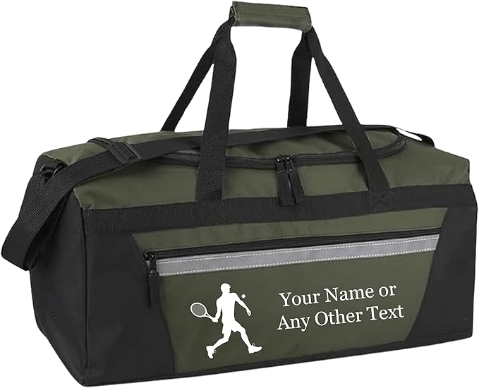 Personalized Sports Duffel Bags for Men and Women - 22” Customized Travel Duffle with Name & Tennis Design - Water Resistant Two-Toned Overnight Weekender Bag - Army Green