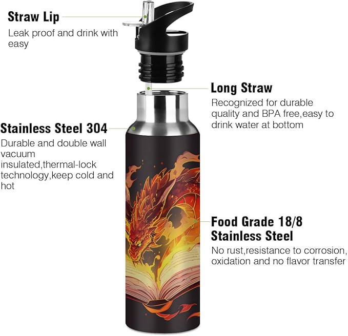 AUUXVA Fiery Dragon Vacuum Insulated Water Bottle Stainless Steel Kids Sport Jug with Straw Lid Wide Mouth Leakproof BPA Free for Bike Running Walking Outdoor 20 Oz