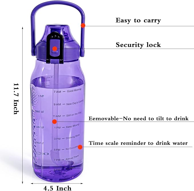 Motivational Half Gallon/64oz Water Bottle with Straw & Time Marker& Handle, Leak-Proof Tritan Water Jug for Fitness,Outdoor, Sport (Purple)