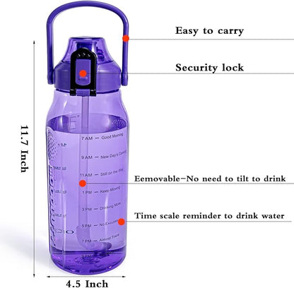 Motivational Half Gallon/64oz Water Bottle with Straw & Time Marker& Handle, Leak-Proof Tritan Water Jug for Fitness,Outdoor, Sport (Purple)