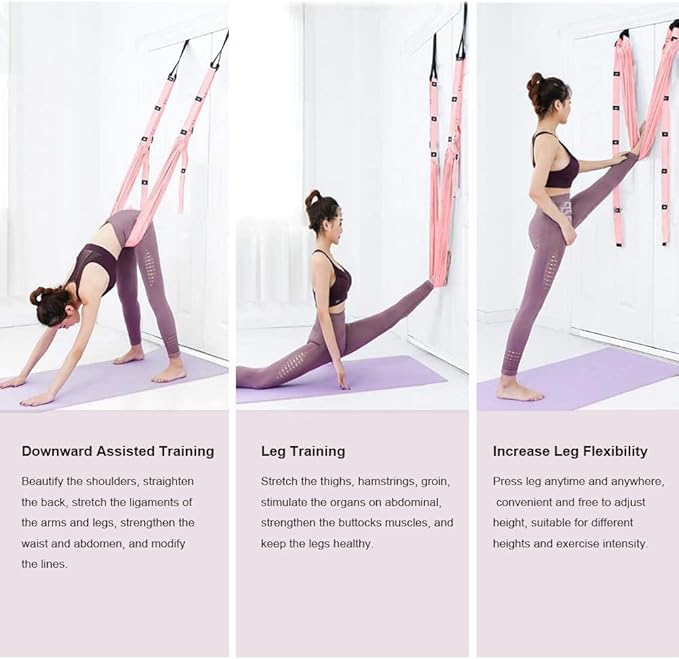 Yoga Stretching Strap, Adjustable Height Leg Stretcher Waist Back Stretch Band Aerial Yoga, Anti-gravity Inversion Exercises Door Flexibility Tensile Trainer for Rehab Pilates Dance Splits (Pink)