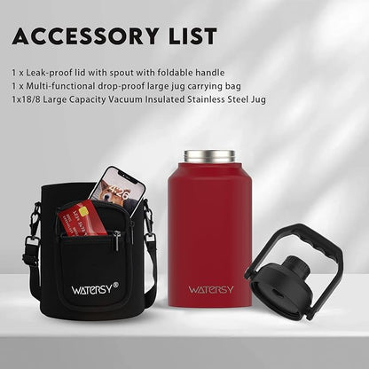 WATERSY 2/3 Gallon Water Bottle Insulated(Cold for 48 Hrs),BPA Free&Leak Proof,87oz Stainless Steel Water Jug/Flask,Big thermo,Large Water Bottle with Handle for Gym,Hiking,Camping,Red