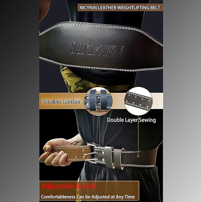 Leather Weight lifting Belt for Men - 6 Inch Padded Lumbar Back Support Belts, Workout Waist Brace for Weightlifting Powerlifting Deadlifts Squat Strength Training Fitness