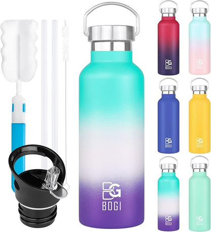 BOGI 20oz Insulated Water Bottle, Wide Mouth Stainless Steel Water Bottles Leakproof Metal Water Bottle with Straw and Handle BPA Free Steel Water Bottle for School Fitness Outdoor Sports-Color1