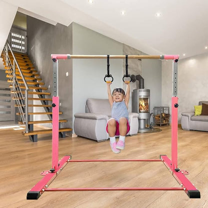 Gymnastics Bar for Kids Girls Ages 3-15 with Ring for Home Indoor Training Equipment- Steady Steel Construction, Anti-Slip, Easy to Assemble, 3' to 5' Adjustable Height