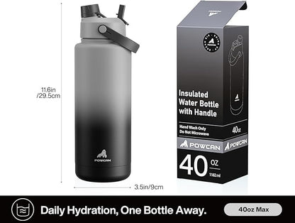 POWCAN 40 oz Insulated Water Bottle with 2-in-1 Straw and Spout Lid, Keep Cold 24H, Leak-Proof, BPA-Free, Double Wall Stainless Steel Water Bottle for Sports, Gym, Travel, and School (Obsidian)