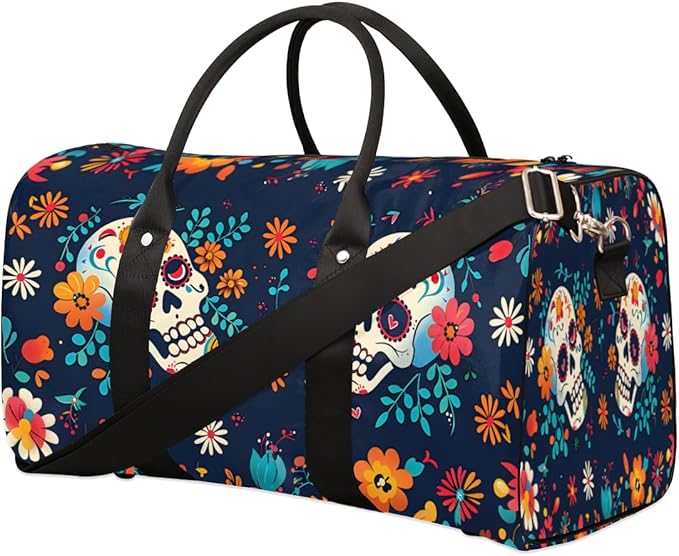 Travel Duffel Bag Colorful Mexican Skull Flower Sport Tote Gym Bag Waterproof Foldable Carryon Weekend Overnight Training Handbag Sports Duffle Bags for Women Men Boys Girls