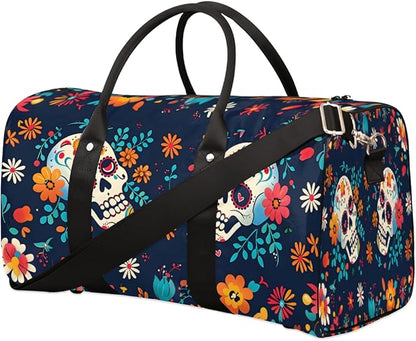 Travel Duffel Bag Colorful Mexican Skull Flower Sport Tote Gym Bag Waterproof Foldable Carryon Weekend Overnight Training Handbag Sports Duffle Bags for Women Men Boys Girls