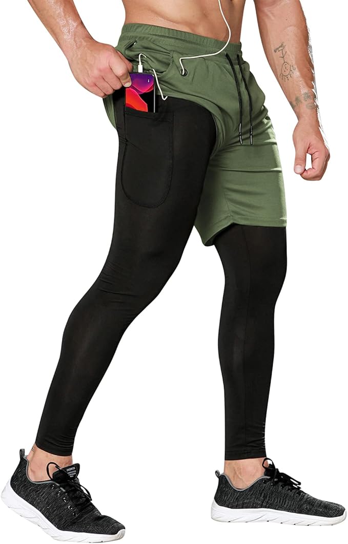OEBLD Mens 2 in 1 Athletic Running Pants Quick Dry Gym Workout Shorts for Men Compression Pants with Pockets