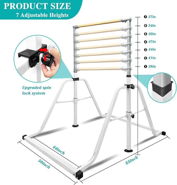Foldable & Moveable Gymnastics Horizontal Bar with Rings,3’to 5’Adjustable Height Expandable Junior Kip Bar for Home,Indoor Gym Equipment for Kids