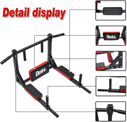 BESTHLS Wall Mounted Pull Up Bar and Dip Station, Heavy Duty Wall Mount Pull-up Chin Up Bar Multifunctional Home Gym Workout Indoor Exercise Equipment Support to 440 Lbs