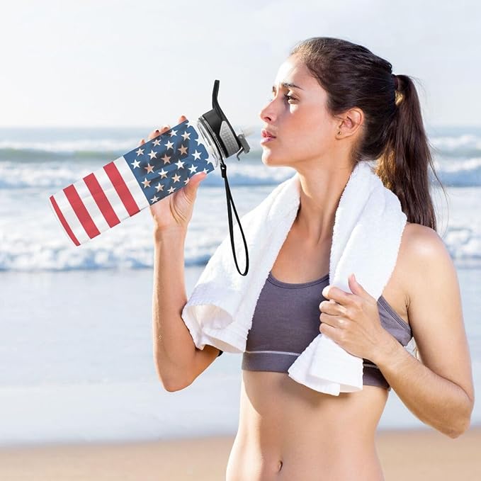 ALAZA American Flag Striped Sports Water Bottle with Straw Tritan Drink Bottle 32 oz BPA Free Reusable for Travel Outdoor Fitness