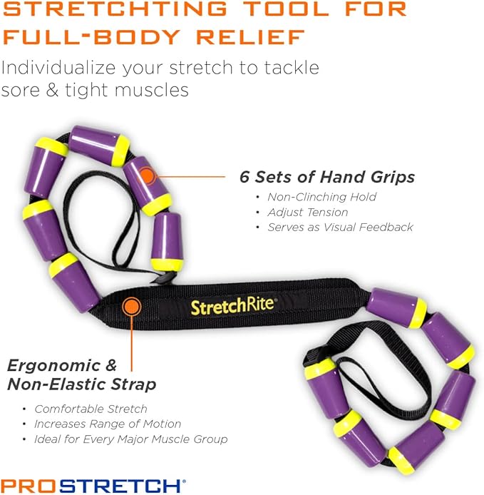 StretchRite Physical Therapy Full Body Stretching Strap with Patented Easy Grip Handles for Sore and Tight Muscles, Includes Coaching Guide (Purple/Yellow)