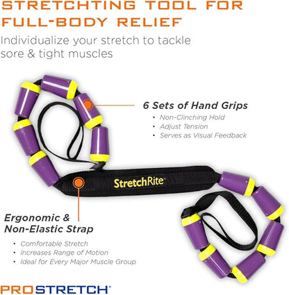 StretchRite Physical Therapy Full Body Stretching Strap with Patented Easy Grip Handles for Sore and Tight Muscles, Includes Coaching Guide (Purple/Yellow)