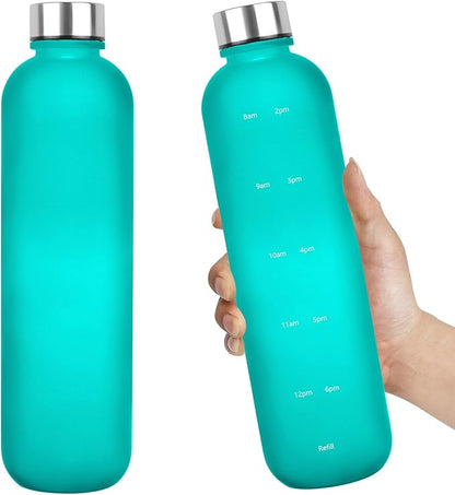 Water Bottle 32 oz, Frosted Style Sports Water Bottles BPA Free Water Bottle With Time Marker,Small mouth Leakproof Water Bottles with Strap for Gym Fitness Hiking Bike Camping (Green)