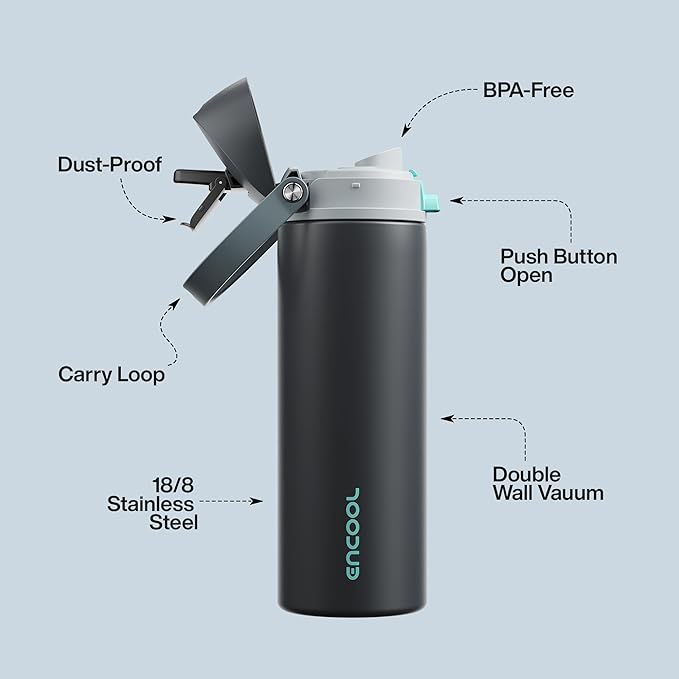Insulated Water Bottle with Straw - Encool Stainless Steel Water Bottle with Push Button Lid, Leak-Proof & BPA-Free, Keeps Cold for 24 Hours for Sports, Travel, Gym (32 oz, Tuna Grey-Green)