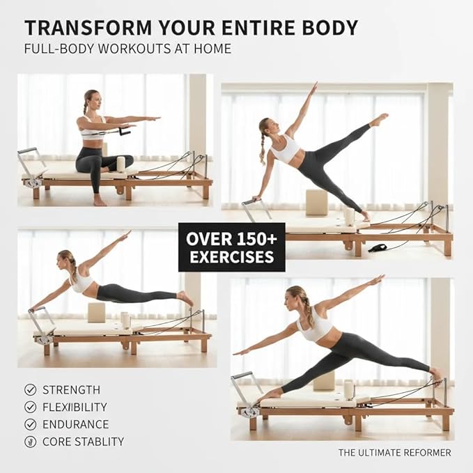 Foldable Pilates Reformer & Pilates Square Box Set–90% Pre-Assembled Home Gym Women Men Workouts Bundle, Dual Resistance System (Springs + Latex), Jumpboard & Adjustable Foot Bar for All Levels