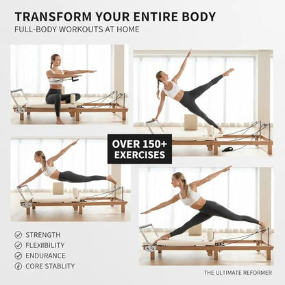 Foldable Pilates Reformer & Pilates Square Box Set–90% Pre-Assembled Home Gym Women Men Workouts Bundle, Dual Resistance System (Springs + Latex), Jumpboard & Adjustable Foot Bar for All Levels