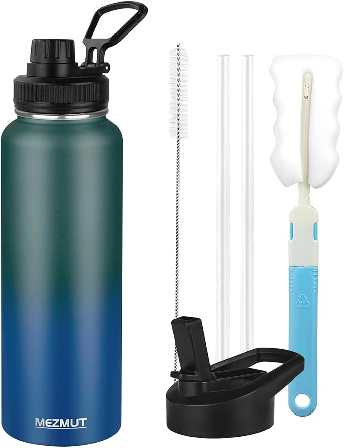Insulated Water Bottle with Straw&2 Lids 40oz Stainless Steel Water Bottles Sports Metal Water Bottle Double Walled Vacuum Insulated Bottles Leak-Proof Travel Cup (Green Blue)