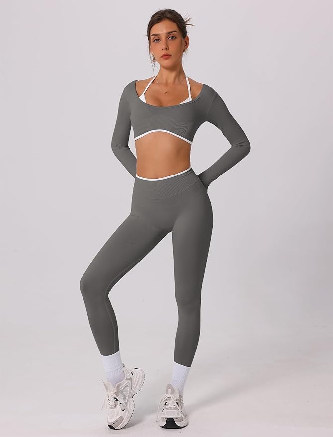 ABOCIW Workout Sets for Women Long Sleeve Crop Top Scrunch Butt Lifting High Waist Leggings 2 Piece Gym Yoga Outfits