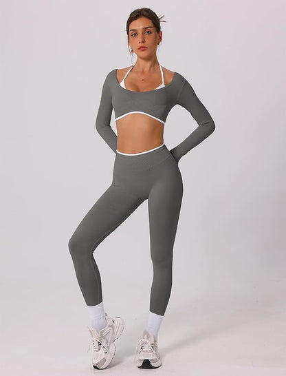 ABOCIW Workout Sets for Women Long Sleeve Crop Top Scrunch Butt Lifting High Waist Leggings 2 Piece Gym Yoga Outfits