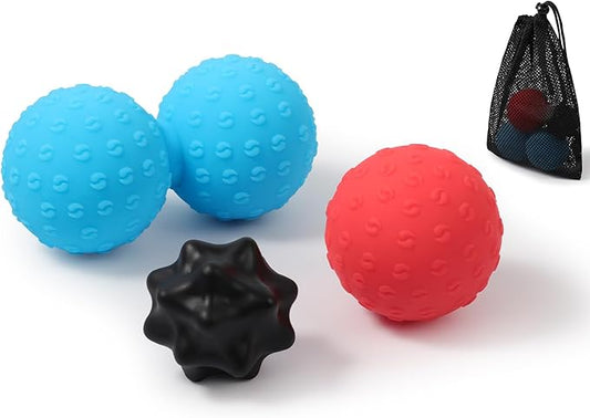 HODEMI Massage Ball Set, 3 Pack Spiky Ball, Lacrosse Ball & Peanut Massage Roller for Trigger Point Therapy, Deep Tissue Muscle Relaxation for Back, Neck, Hip, Leg & Foot with Mesh Bag