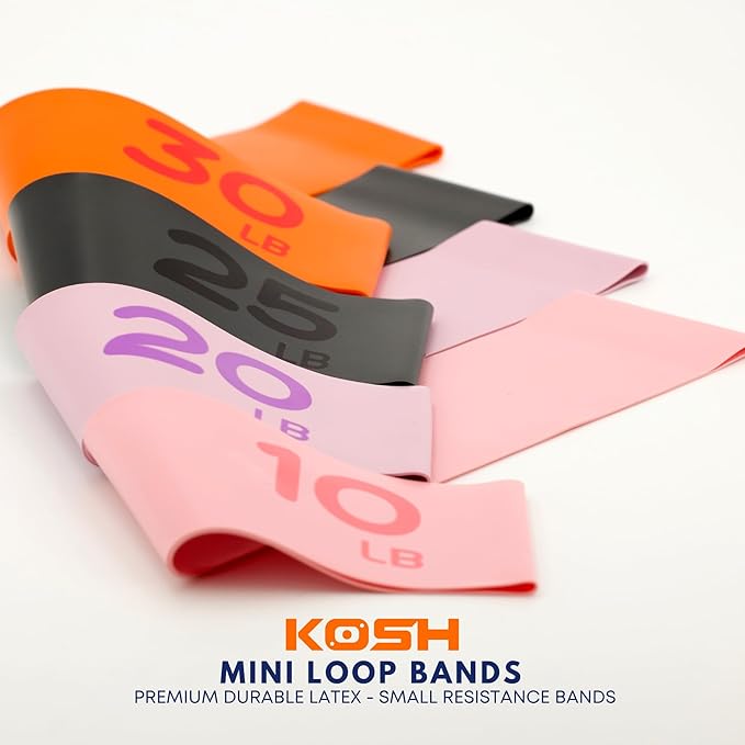 Kosh Resistance Exercise Bands – Set of 4 Natural Latex Loop Bands for Workout, Stretching, Physical Therapy – Includes Mesh Carry Bag