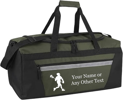 Personalized Sports Duffel Bags for Men and Women - 22” Customized Travel Duffle with Name & Lacrosse Design - Water Resistant Two-Toned Overnight Weekender Bag - Army Green