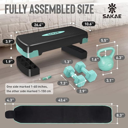 Adjustable Height Aerobic Stepper Set, Multiple Bundle Options with Dumbbells, Kettlebell, Waist Trimmer, Ankle Weights or Weighted Vest, Workout Exercise Step Platform w/Level Risers, 4 Colors