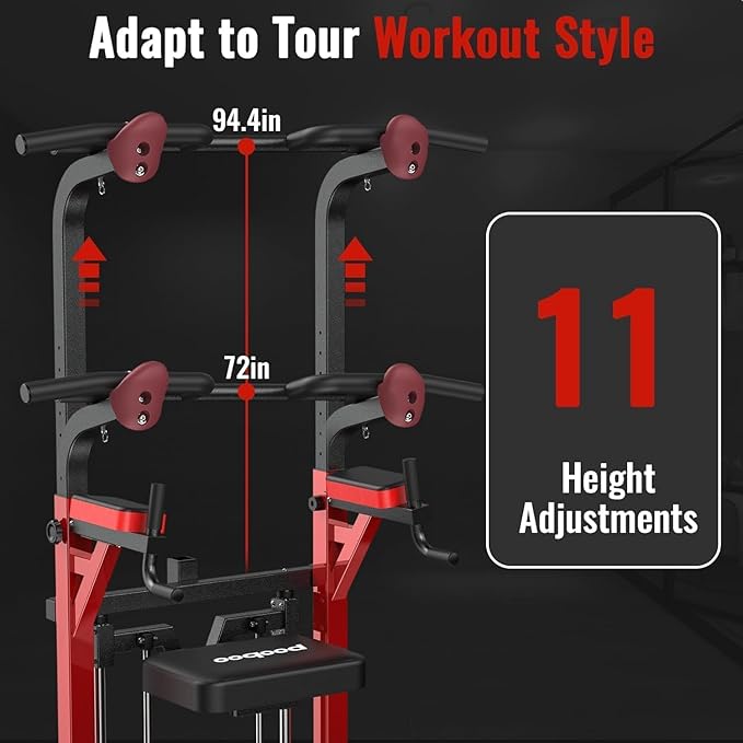 Pooboo Power Tower Dip Station Pull Up Bar for Fitness Home Gym Workout,450 Pounds Multi-Function Adjustable Height Fitness Strength Training Exercise Equipment,with Power Elastic Ropes