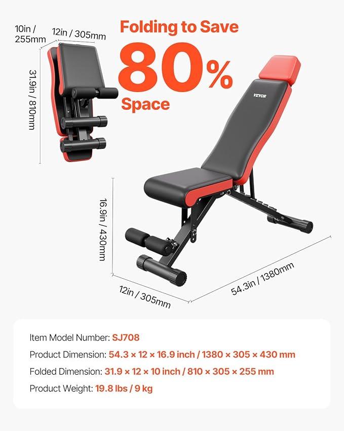 VEVOR Weight Bench, 800lbs/660lbs Adjustable Weight Bench Press for Full Body Workout, Exercise Sit-up Bench for Home Gym Strength Training, Multiple Functions, Fast Adjustment