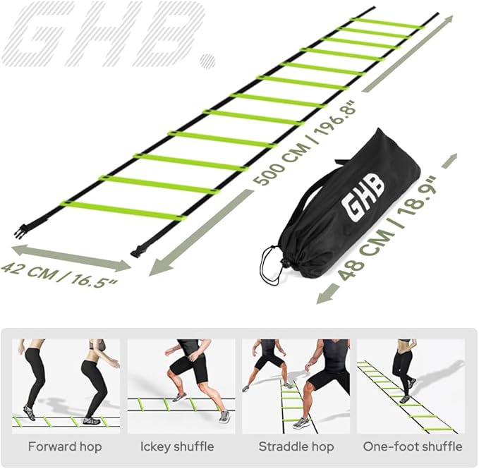 GHB Pro Agility Ladder 2 Pack Agility Training Ladder Speed 12 Rung 20ft with Carrying Bag (Green and Blue)