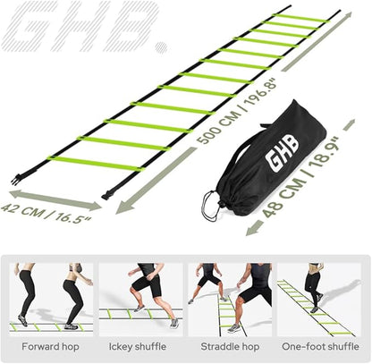 GHB Pro Agility Ladder 2 Pack Agility Training Ladder Speed 12 Rung 20ft with Carrying Bag (Orange and Green)