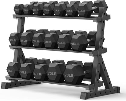 PAPABABE Hex Dumbbell Set with Rack, Rubber Encased Free Weight with Weight Storage Racks, Multiple Weight Options for Home Gym and Fitness