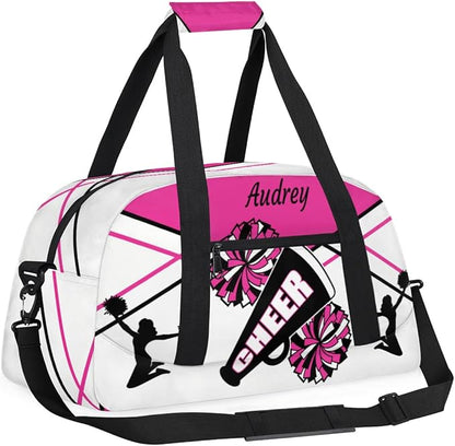 Custom Sports Gym Bag for Girls Cheerleading Bag, Personalized Sport Dance Bag Travel Overnight Small Duffel Bag Gymnastics Workout Sleepover Bag, Rosy White Black CHEER