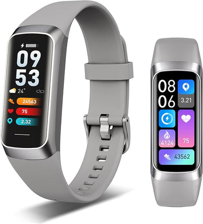 Fitness Tracker, 24/7 Heart Rate Blood Oxygen Blood Pressure Body Temp Monitor Sleep Calorie Tracker with 1.1" AMOLED Touch Color Screen Pedometer Smart Watch Waterproof for Women Men (Silver Gray)