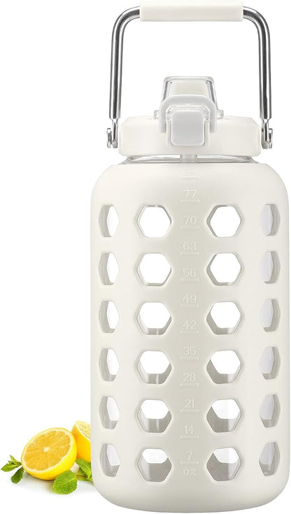 MUKOKO 84 oz Glass Water Bottles,2.5 Liter Gallon Drinking Bottle with Handle,Large Glass Water Jug with Silicone Sleeve for Gym Sports,Time Marker,Wide Mouth,White