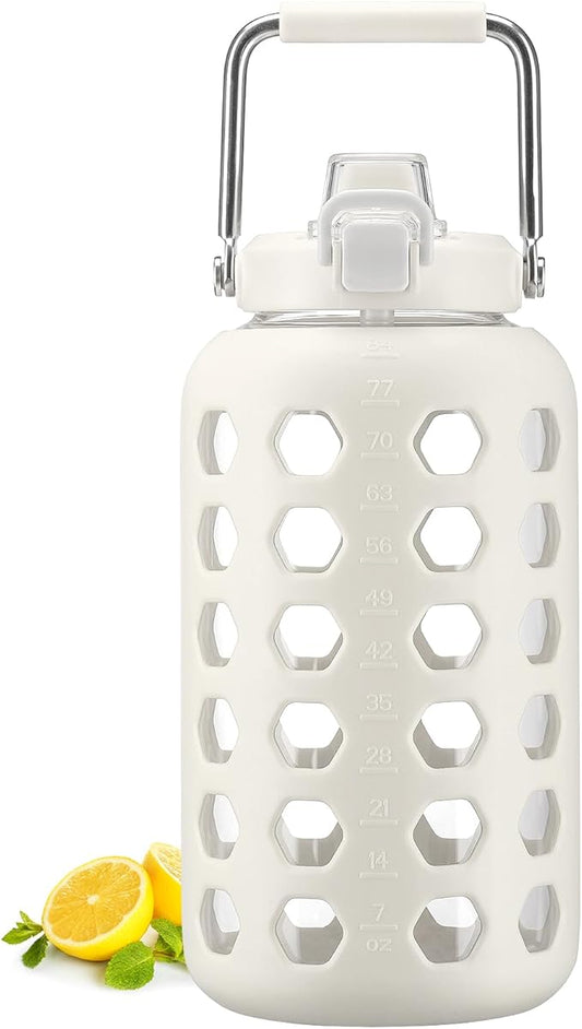 MUKOKO 84 oz Glass Water Bottles,2.5 Liter Gallon Drinking Bottle with Handle,Large Glass Water Jug with Silicone Sleeve for Gym Sports,Time Marker,Wide Mouth,White