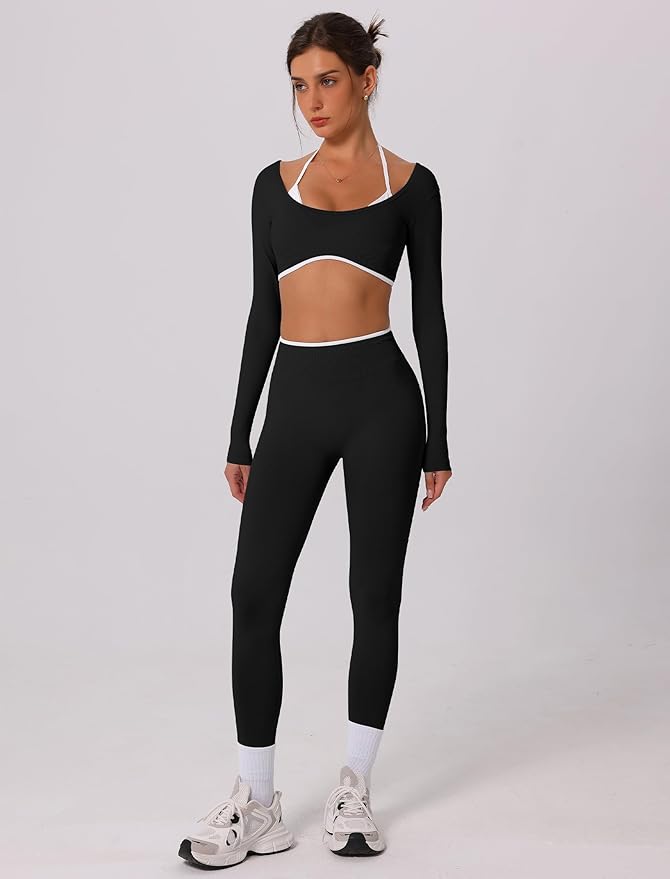 ABOCIW Workout Sets for Women Long Sleeve Crop Top Scrunch Butt Lifting High Waist Leggings 2 Piece Gym Yoga Outfits