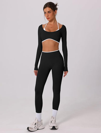 ABOCIW Workout Sets for Women Long Sleeve Crop Top Scrunch Butt Lifting High Waist Leggings 2 Piece Gym Yoga Outfits