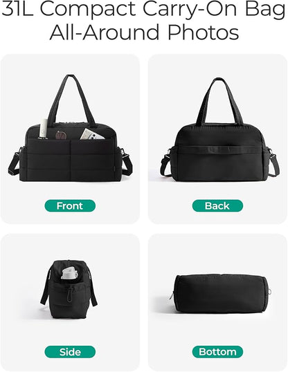 BAGSMART Gym Bag for Women, Lightweight Puffer Duffle Bag 2-PC Travel Bag, 31L Weekender Overnight Bag Quilted Carry On Tote Bag, Diaper Hospital Dance bag for Travel, Gym, Water Resistant, Black