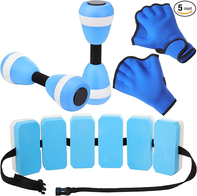 4Pcs Aquatic Exercise Water Weights Equipment, Including 1 Swimming Belt, 2 Pcs Foam Water Dumbbells 1 Pair Swimming Gloves Pool Exercise Equipment for Adults for Training Workouts
