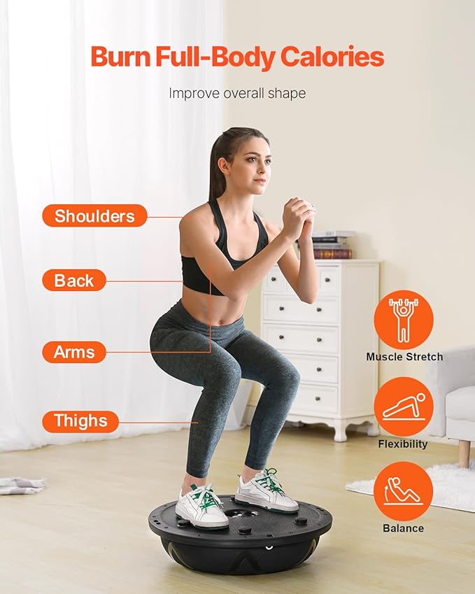 VEVOR Half Exercise Ball Trainer, 23/26 inch Balance Ball Trainer, 1500lbs Capacity Stability Ball, Yoga Ball with Resistance Bands & Foot Pump, Strength Fitness Ball for Home Gym Full Body Workout