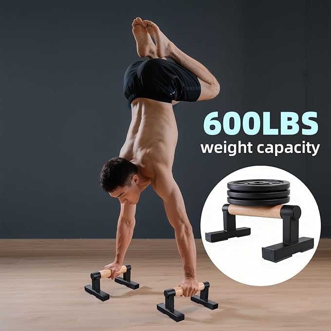1 Pair Wooden Parallettes Push Up Bars for Men, Strength Training Pushup Stands Handles for Home Calisthenics, Fitness, Floor Workouts Bars Solid Wood with Metal Bracket - Support 600 lbs