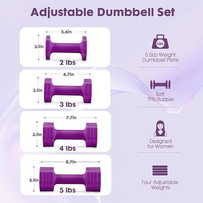 Adjustable Dumbbell Set, 4 in 1 Free Weights Dumbbells Set for Women, Weights for Women at Home, 2lb 3lb 4lb 5lb with TPU Soft Rubber Handle for Home Gym Exercise Training