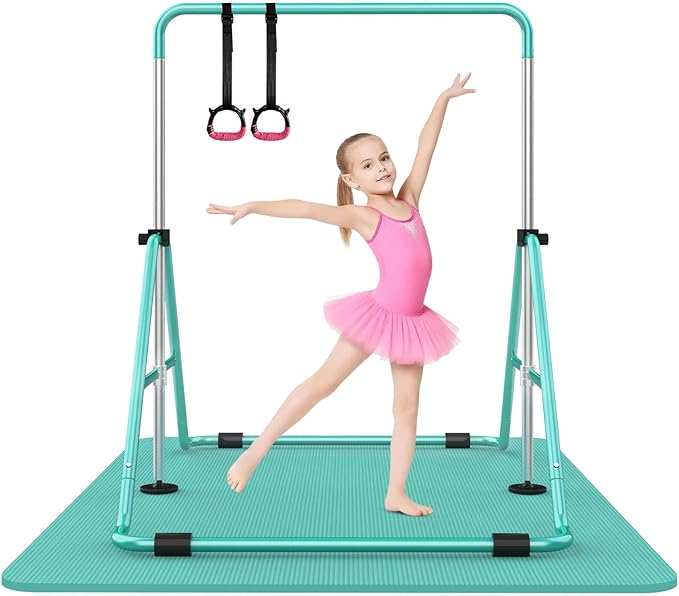 SHIWEI Gymnastics Bar for Kids, Foldable Gymnastic Bar with 5 Adjustable Height, Expandable Training Equipment for Indoor/Outdoor