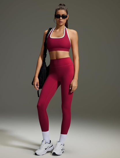 OMKAGI 2 Piece Workout Sets for Women Halter Sports Bras Gym Sets Booty Leggings Outfits