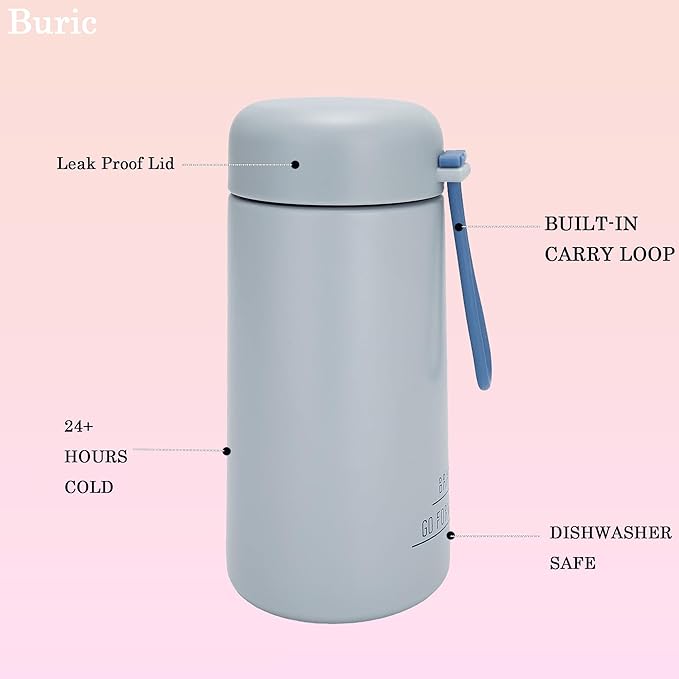 9oz Water Bottle Small Double Wall Insulated Mug,304 Stainless Steel for Hot&Cold Drinks,Leak Proof Water Bottle Vacuum Insulation with Carry Handle Grayish Blue